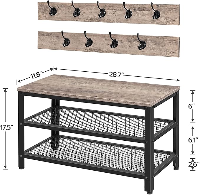 HOOBRO Hall Tree Entryway Storage Bench, Coat Rack Shoe Bench, Shoe Rack Organizer with Coat Hooks, 3-in-1 Design, Wooden Furniture with Metal Frame, Greige and Black BG17MT01