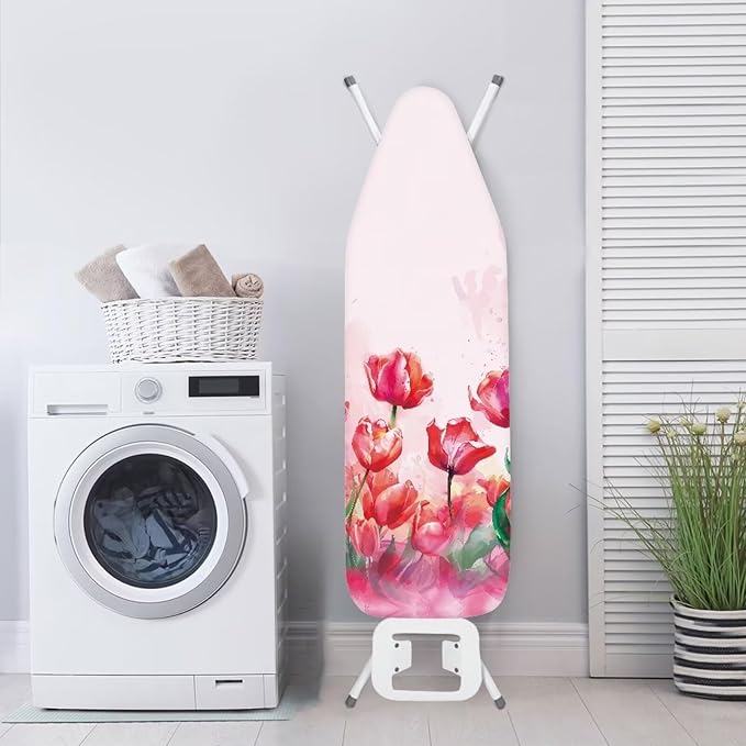 Flashideas Red Floral Ironing Board Cover with Elastic Edge Non Stick Scorch Stain Resistant Cover Heavy Duty Iron Pad Covers Standard Boards with Hook and Loop Fastener Strap