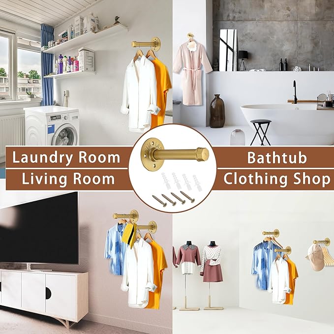 Sumnacon 2 Pcs 5.9 Inch Industrial Pipe Clothes Bar - Heavy Duty Rustic Metal Coat Hanger with Screws, Wall-Mounted Garment Holder Rack for Bedroom/Bathroom/Cabinet/Boutique/Clothing Store, Gold