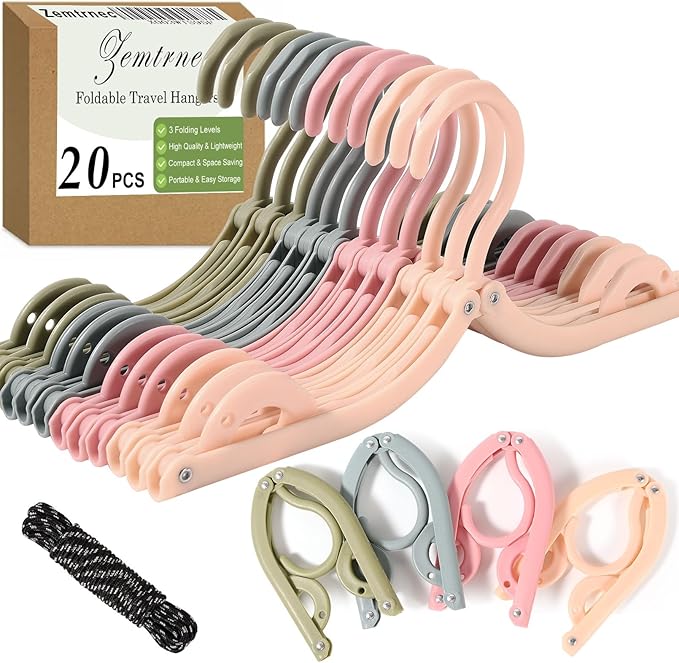 20 Pcs Travel Hangers Foldable Hangers, Portable Folding Clothes Hanger, Lightweight Folding Hanger Travel Accessories for Home School, 4 Colors with Clothesline