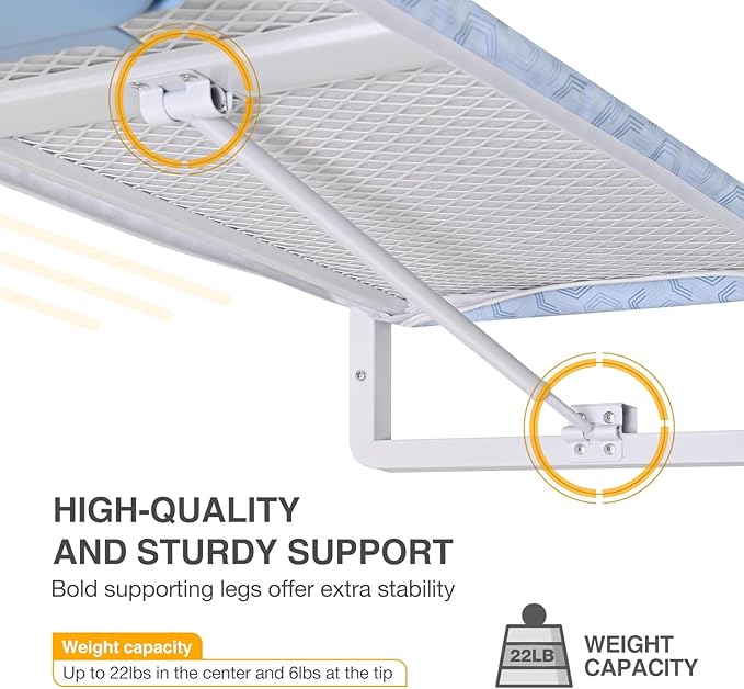 KINGBOARD Wall Mounted Ironing Board with Iron Holder, Compact Ironing Board for Small Spaces, Foldable Iron Stand Heat Resistant Cover, 36" X 12" Light Blue