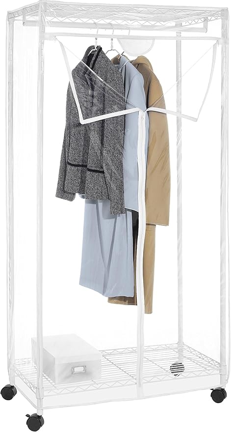 Whitmor Heavy Duty Metal Clothing Rack with Lockable Wheels & 3 Way Zippered Clear Cover, Dustproof Waterproof Garment Rack for Bedroom, Closet, Store, 19"L x 36.75"W x 70.25"H, White