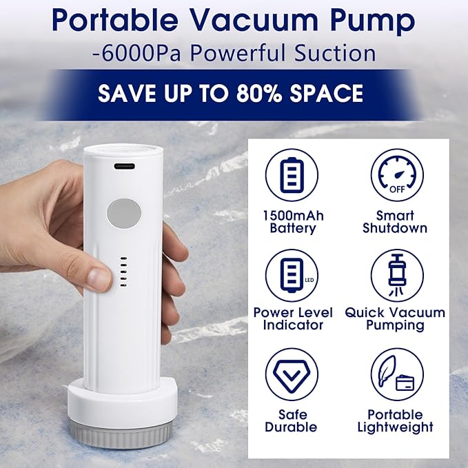 6.0Kpa Cordless Electric Vacuum Pump for Storage Bags, USB Rechargeable Portable Vacuum Sealer for Travel Air Pump Compression Bag Pumps for Clothes Blankets Bedding, Grey (No bags)