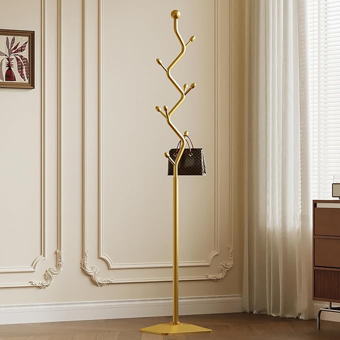 Gold coat rack,Coat Tree Freestanding heavy duty with 8 Hooks and Sturdy Metal Base for Coat Hats Purses,Tree-shaped Coat Stand for Entryway,Bedroom