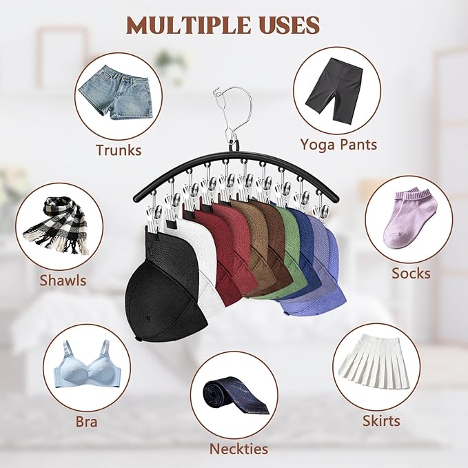 3 Pack Hat Hangers for Closet Display, Metal Hat Organizer for Baseball Caps with 30 Clips, Hats Rack Holder for Closet, Hats Storage for Baseball Caps Beanie Accessories Men Women, Black