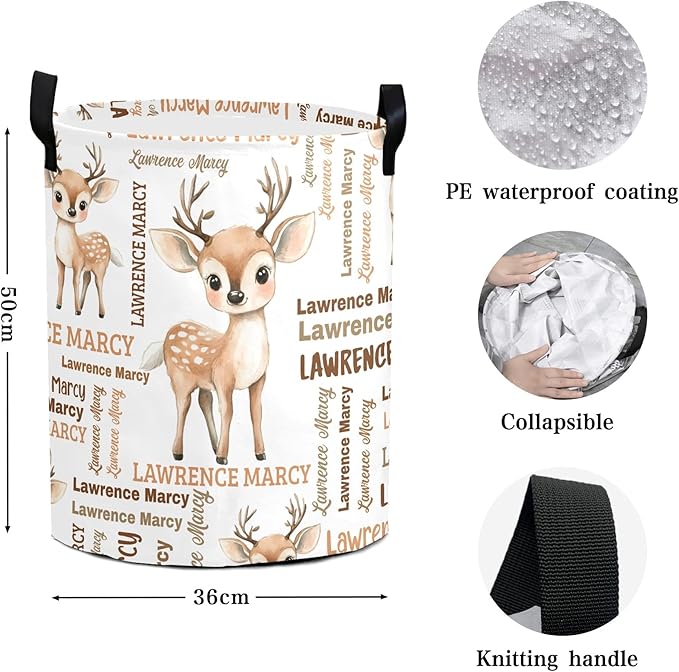 Large Custom Name Laundry Hamper, Deer Personalized Dirty Clothes Hamper Storage Basket with Name for Bathroom Bedrooms, Customized Name Circular Hamper with Handles for Baby Boys Girls Men Women