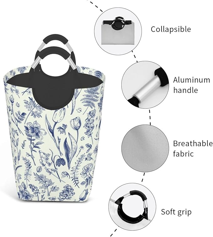Blue Floral Laundry Basket Flowers Foldable Laundry Hamper Vintage Collapsible Laundry Baskets with Handles Clothes Hamper Laundry Tote Bag for Dorm Family Storage Bin 50L