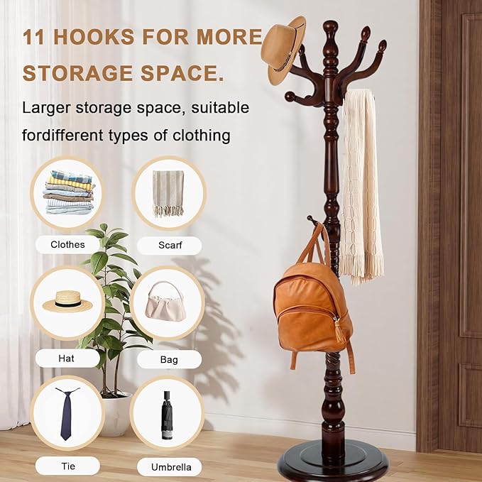 Solid Wood Coat Rack, Free Standing Hall Coat Tree with 11 Hooks, 2 Height Options, 270lbs Load, Stury Base, Clothes Rack for Entryway, Hallway, Bedroom (Disc Base - Dark Brown)