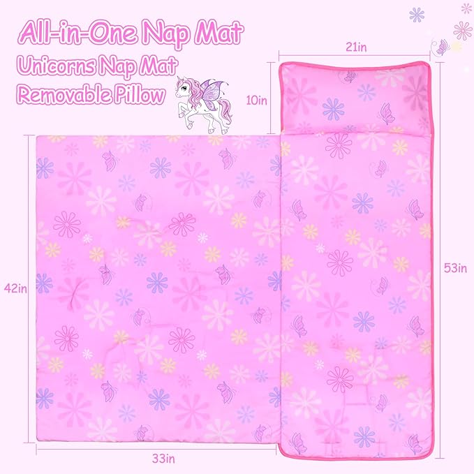 Unicorns Nap Mats for Preschool with Removable Pillow and Blanket Kids Sleeping Bag with Pillow Reinforced Stitching Machine-Washable, Soft Nap Mats for Daycare, Travel, Camping 53"x21"