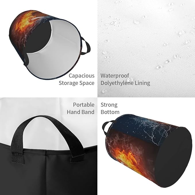 Dujiea Football Ball In Fire And Water Laundry Basket Round With Handle, Collapsible Foldable Canvas Storage Bin Dirty Clothes Bag For Laundry/Toys Organizer/College Dorm/Nursery/Decor(2 Sizes)