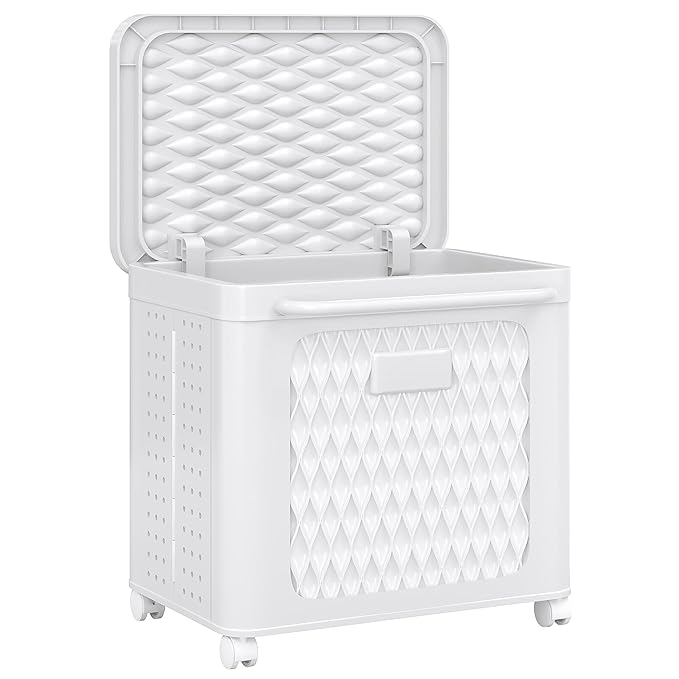VECELO Rolling Storage Bins with Lid, Plastic Organizers Cart with Wheels & Handle, Foldable Storage Containers for Laundry, Bathroom, Bedroom, 19.3" x 13.8" x 19.1", White