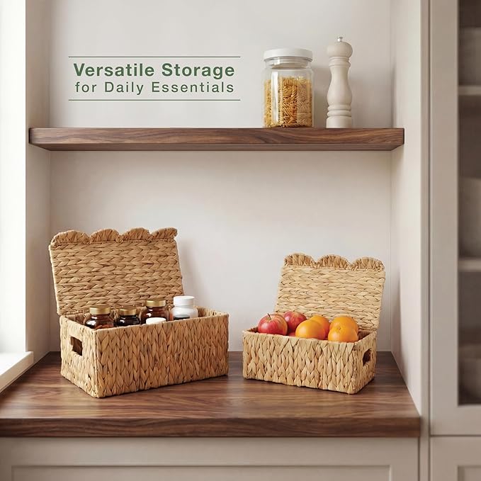 Set of 2 Scalloped Wicker Baskets with Lid - Woven Baskets with Lid - Rattan Storage Box - Woven Decorative Box