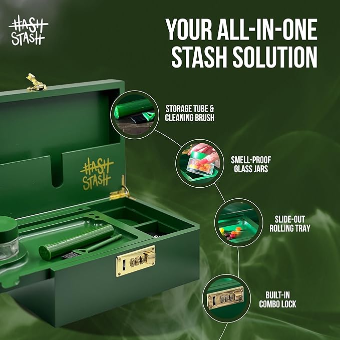 The OG Stash Storage Box - Large Bamboo Box with Combination Lock, Magnetic Lid, Organizer Tray, 3 Jars and Brush - Portable Decorative Wooden Lock Kit with Accessories (Green/Gold)