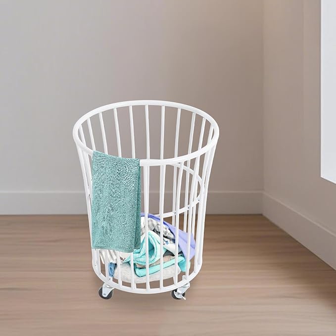 Metal Laundry Basket, Laundry Basket Cart with Wheels for Laundry Room, Rolling Laundry Basket with Wheels, Easy Moved Basket for Organizer (White)