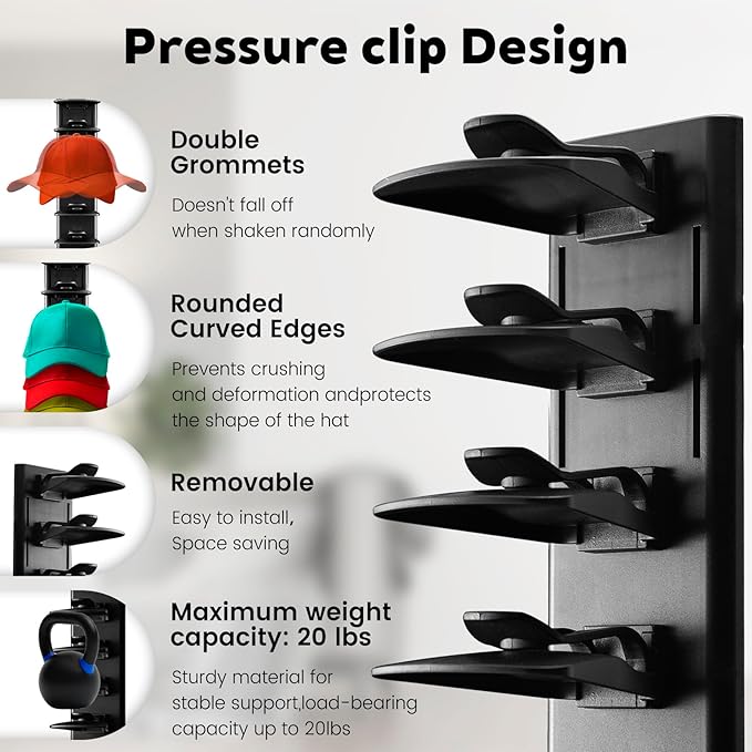 2Pack Hat Organizer for Baseball Cap with Locking Tech, Hat Rack Strong Adhesive Hat Hooks for Wall Hold Up to 20 Hats, Multi-layer Hat Storage Display for Door, Bedroom, Closet - Black