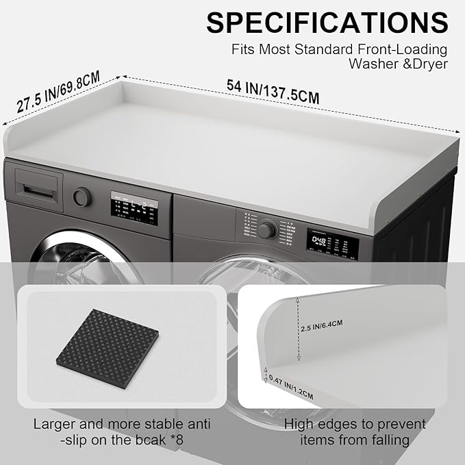 Washer Dryer Countertop, 27.5 x 54 Inch Washer and Dryer Countertop for Laundry Room Organization with Edge Wooden, White
