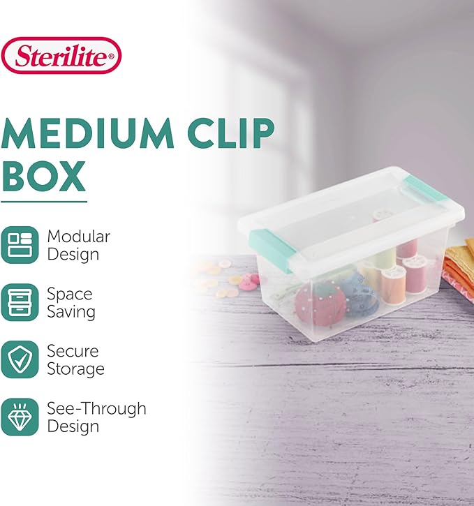 Sterilite 4-Pack Clip Box, Stackable Clear Plastic Bins with Latching Lids, Medium - Writing, Arts or Crafts Supplies Storage Containers for Home, Office, Classroom and Workshop Organization