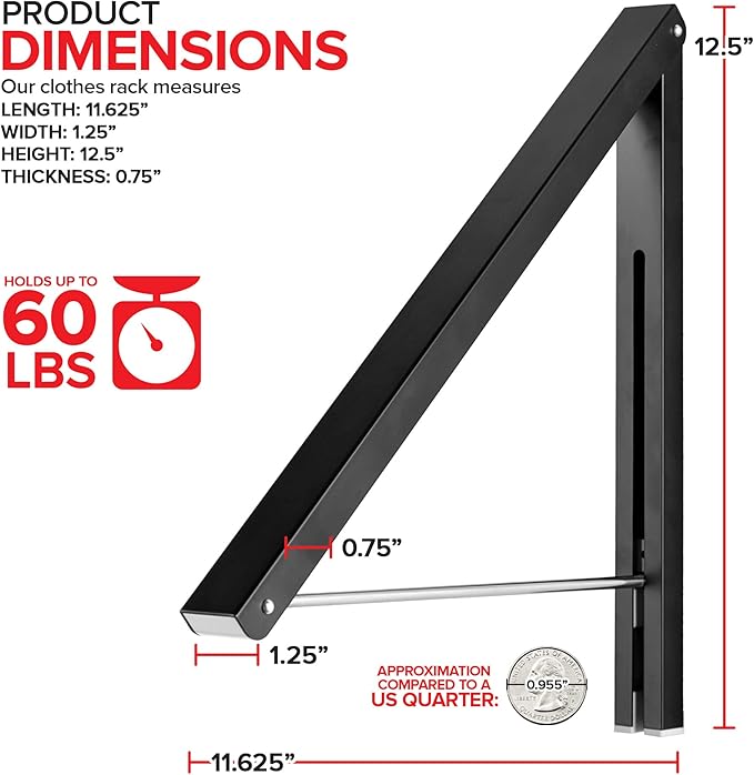 Single Foldable Clothing Rack, Wall-Mounted Retractable Clothes Hanger for Laundry Dryer Room, Hanging Drying Rod, Small Collapsible Folding Garment Racks, Dorm Accessories (Black)