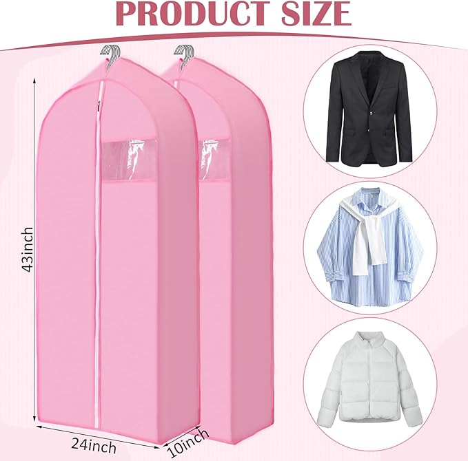 2 Pcs 10" Gusseted Garment Bags for Hanging Clothes Dress Bags for Gowns Long Closet Waterproof Garment Covers Wedding Dress Cover Traveling Clothes Protector(Pink,43 Inch)