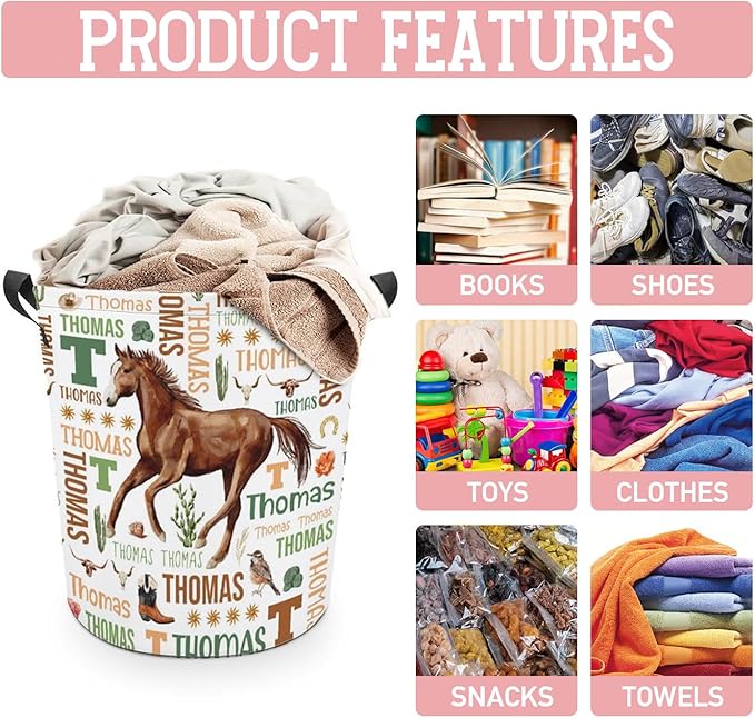 Horse Laundry Basket,Custom Laundry Hamper with Name,Personalized Horse Gifts for Boys Girls,Customize Collapsible Laundry Basket for Bedroom Bathroom,M-19.5"X 15.7"