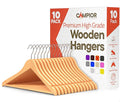 Natural Wooden Hangers 10 Pack – Heavy-Duty with 360° Swivel Hook, Non-Slip, Pants Bar & Shoulder Grooves - Wooden Hangers for Suits, Jackets, Dresses & Camisoles, Space-Saving and Smooth Finish