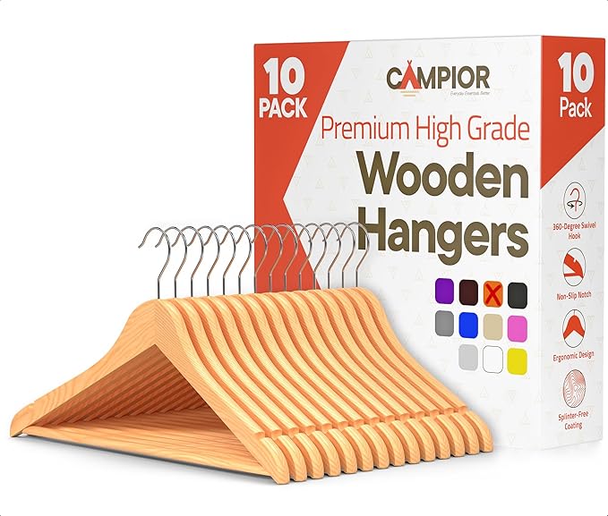 Natural Wooden Hangers 10 Pack – Heavy-Duty with 360° Swivel Hook, Non-Slip, Pants Bar & Shoulder Grooves - Wooden Hangers for Suits, Jackets, Dresses & Camisoles, Space-Saving and Smooth Finish