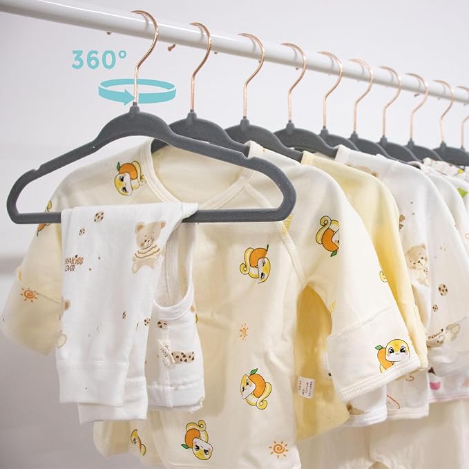 Baby Velvet Hangers 50 Pack - 11 Inch Non-Slip Felt Kids Hanger for Newborn Clothes - Small Toddler Child Hangers Durable for Every Use - 10 Hanger Clips Included, Gray
