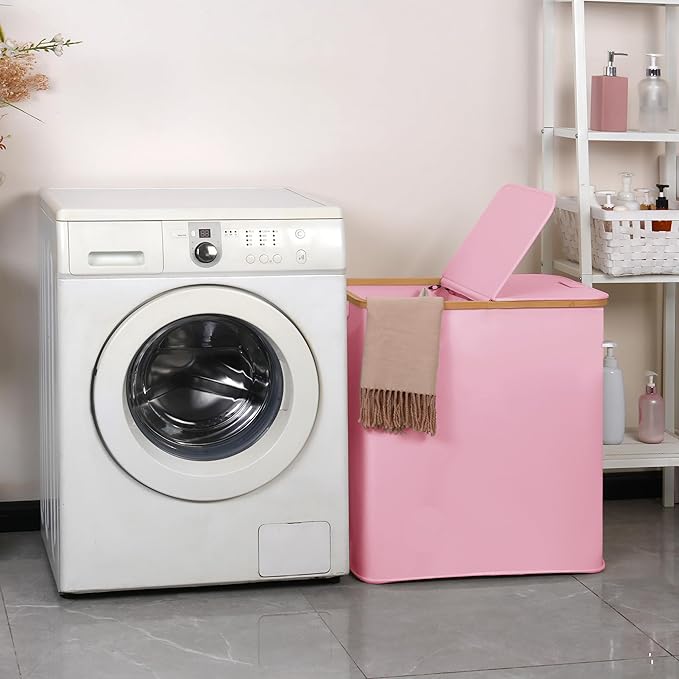 efluky Laundry Hamper with Lid, Double Laundry Hamper with 2 Removable Bags, 2 Section Laundry Basket with Bamboo Handles for Bathroom, Bedroom & Laundry Room (Pink, 140L Dual)