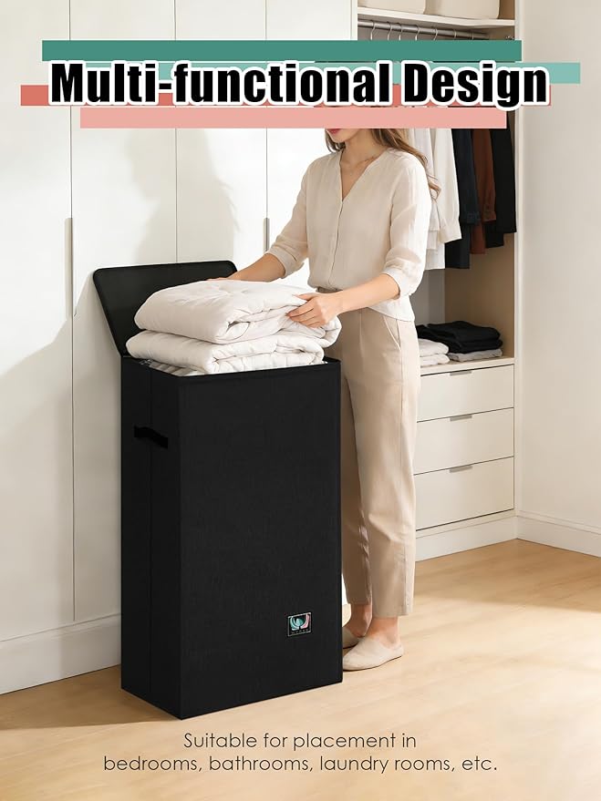 Laundry Hamper with Lid, Reinforced Sturdy Clothes Hamper with Anti-Puncture Base, Large Collapsible Laundry Basket with Removable Liner Bag, Tall Dirty Clothes Bin for Family, 100L Black