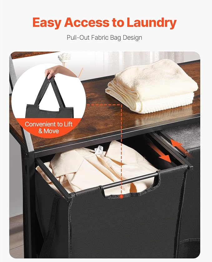VEVOR 2 Tiers Laundry Sorter, Tall Laundry Hamper with Metal Frame and Wooden Tabletop, 2 Section Rolling Basket Organizer Storage with Ladder Shelves and 600D Oxford Cloth Bags for Dirty Clothes