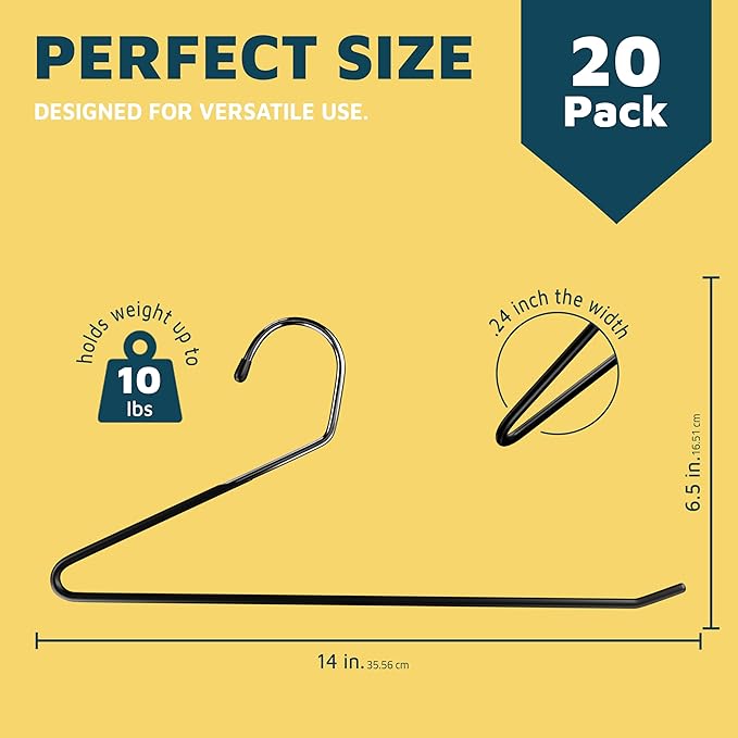 Lifemaster Metal Pants Hanger Set - 20 Pieces Elegant Non-Slip Closet Space Saving Hanger Set for Pants, Trouser, Blankets, and Jeans with Rubber Coating and Open Ended Sleek Design - Black