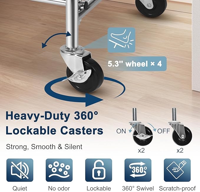 Whitmor Heavy Duty Clothing Rack: Adjustable & Extendable Rolling Garment Rack with Lockable Wheels, Double Rod Clothing Racks with 2 Bottom Shelves, Max Load 500LBS for Hanging Clothes, Chrome