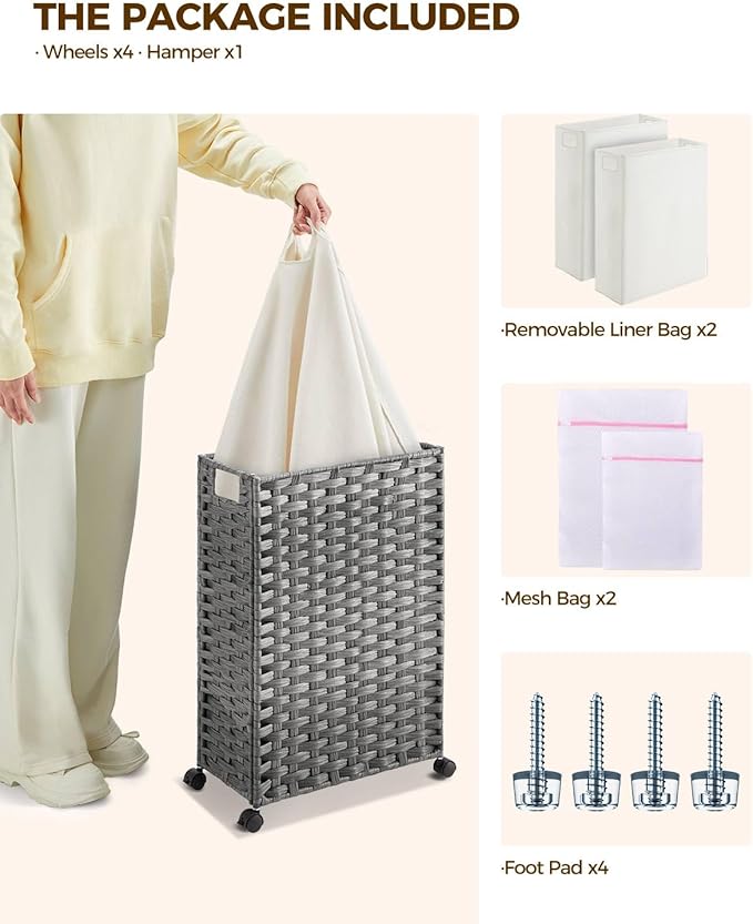 Greenstell Laundry Hamper with Wheels, 11.9 Gallon (45L) Small Clothes Hamper with 2 Removable Liner Bags & 2 Mesh Bags, Slim Rattan Laundry Basket for Bathroom, Bedroom, Grey