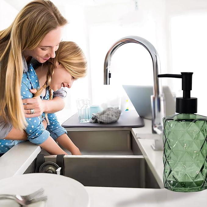 Green Soap Dispenser, 12oz Black Pump Green Glass Soap Dispenser, Refillable Hand Liquid Dispenser Set, Lotion Dish Dispenser for Modern Home Decor, Bathroom, Kitchen Countertop(2 Pack)