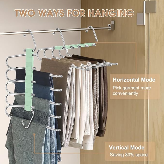 4 Pack Pants Hangers Space Saving, Anti-Slip Multi-Functional Pants Rack, Thickened Stainless Steel Tube, Two Hanging Modes Suitable for Jeans Trousers Skirts Scarf-Green