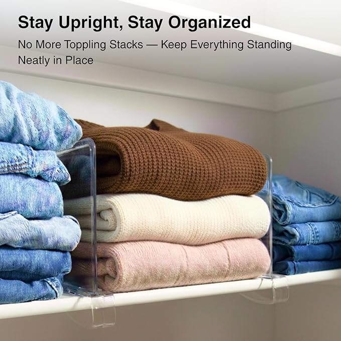 Shelf Dividers Purse Organizer for Closet: 6-pack Acrylic Bag Storage Organizer for Handbags, Clutches, Clothes, Sweater, Towel on Wood Shelves