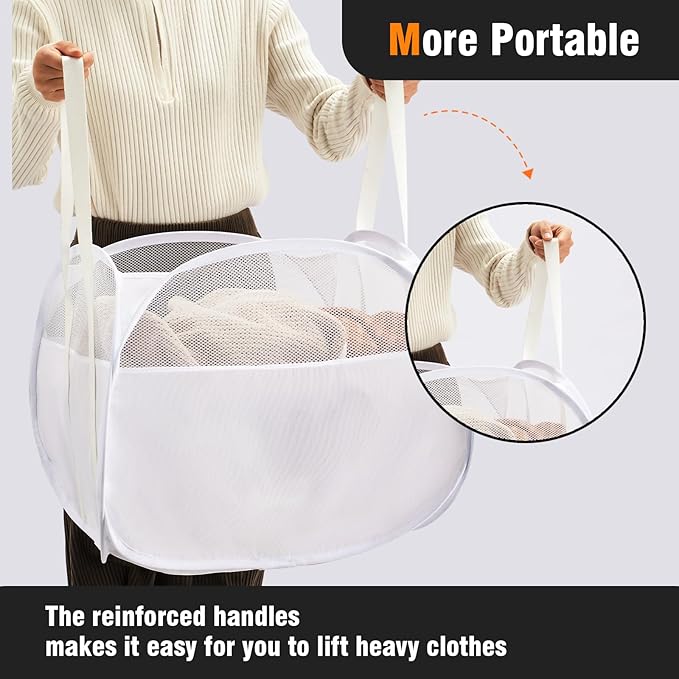 TECHMILLY Pop Up Foldable Laundry Basket, 90L Large Capacity Square & Tear Proof Laundry Hamper with Reinforced Handles for Dirty Clothes Storage in Dorm, Laundry Room, Bathroom, White(Fabric)