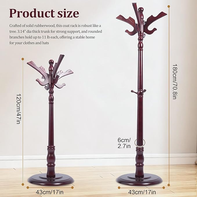73" Wooden Coat Rack Freestanding, Coat Rack Stand With 18 Hooks And Round Solid Wood Base，Adjustable Height, Easy To Assemble For Entrance Hallway Office Living Room Bedroom (Flying Swallow)