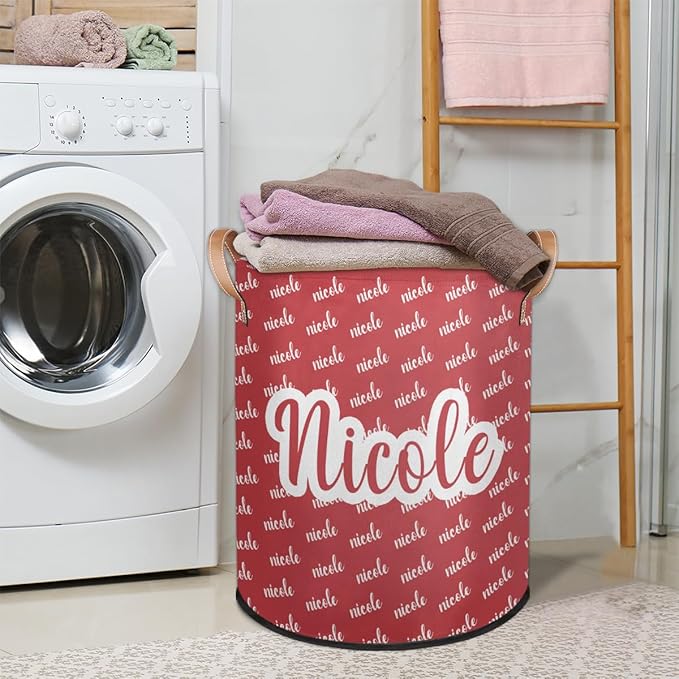Custom Name Red Laundry-Hamper, Personalized Kids-Clothes-Hamper Foldable with Name, Customized Storage Basket with Handles Waterproof Gift for Boys Girls Baby Women