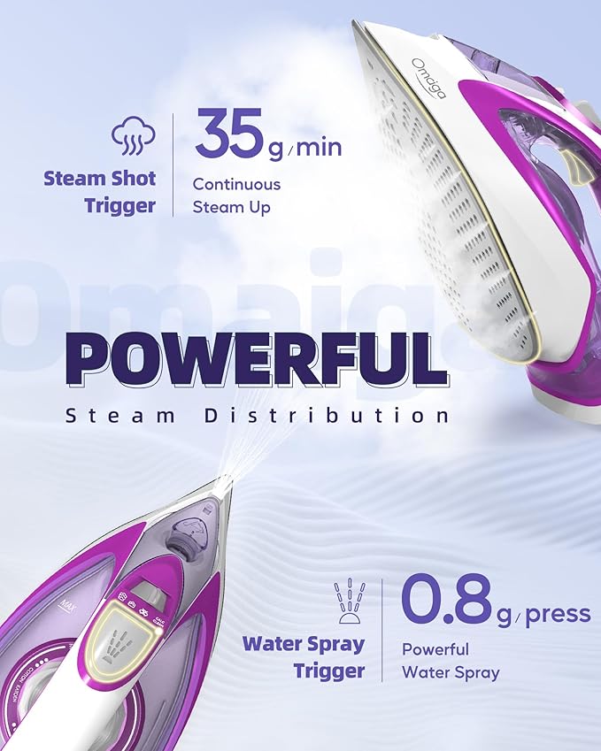 1750W Steam Iron for Clothes, Powerful Steam Iron with Rapid Heating & Ceramic Soleplate, Self-Cleaning, Auto Shut Off, Large Water Tank for Home Use