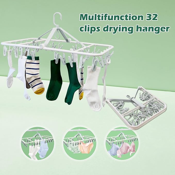 Plastic PP Drying Hanger, Anti-Rusty Drying Rack for Clothes, Socks, Lingeries, Delicates, Drying Hanger with 32 Clips for Baby Clothes, Towels