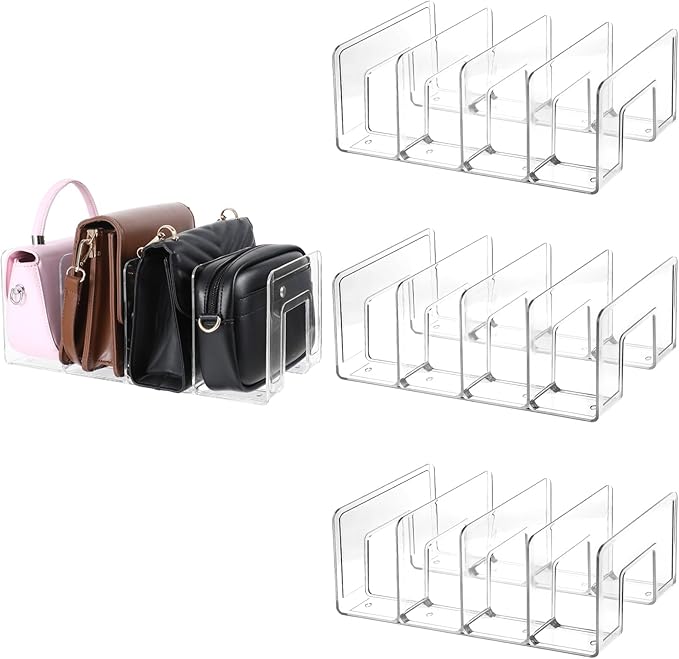 4PCS Plastic Purse Organizer for Closet Clear Acrylic Handbag Storage Shelf Dividers for Closet Bedroom Bathroom Kitchen Office Study Handbags Clutches Clothes Sweater Towel Book Organization