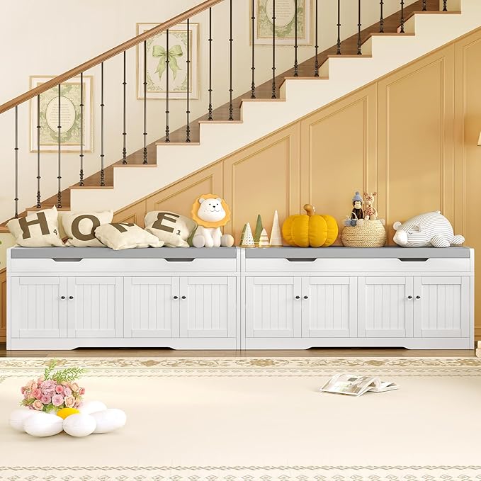 usikey 3-Tier Storage Bench, 47.2" Wide Shoe Bench with Lift Top Storage & 2 Adjustable Shelves, Entryway Bench with Padded Seat Cushion, 4 Doors, Shoe Cabinet Bench for Entryway, Living Room, Bedroom