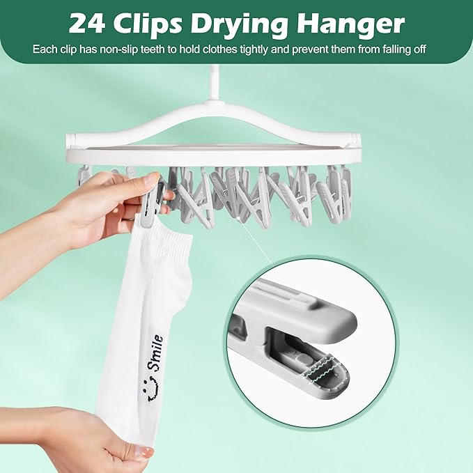 Premium Foldable Clothes Drying Hanger with 24 Clips, Anti-Rusty Plastic Drying Rack for Socks, Lingeries, Delicates and Baby Clothes (Grey)