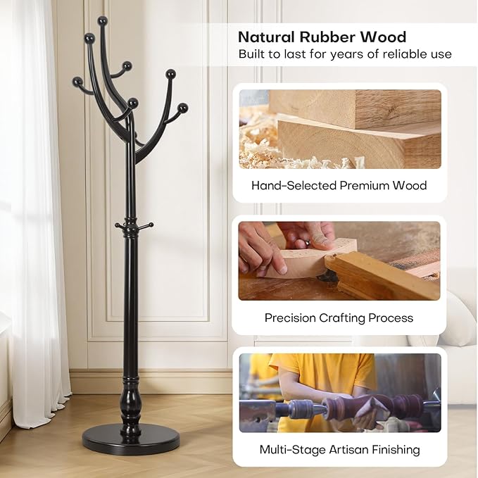 Freestanding Rubberwood Coat Rack, 11 Hooks & 16.5" Wide Round Base, Wooden Coat Rack Stand, Coat Hanger Free Standing Hall Tree for Entryway, Hallway, Bedroom, Jacket, Clothes (Black)