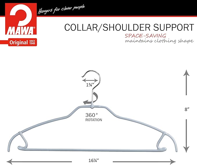 Mawa by Reston Lloyd Silhouette Ultra-Thin Series, Non-Slip Space Saving Shirt Hanger with Pant Bar & Skirt Hooks, Style 42/FTU, Pack of 10