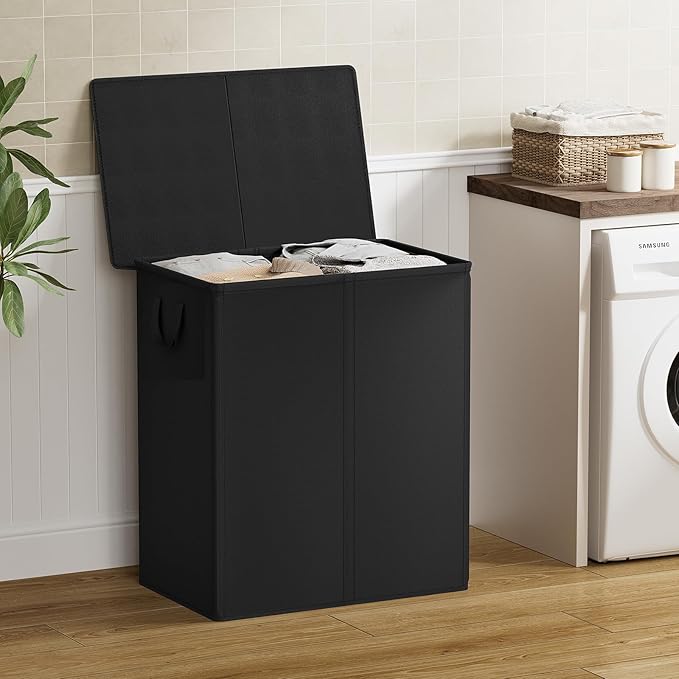 Chrislley 140L Laundry Hamper 2 Section, Double Laundry Basket with Lid, Large Dirty Clothes Hamper with Removable Liner Bags, Collapsible Laundry Organizer for Bedroom, Dorm,Black