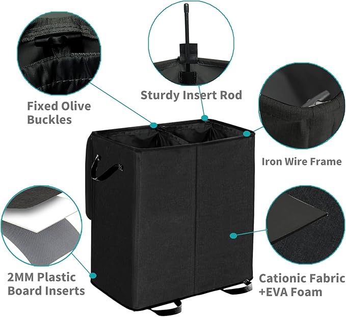 Double Laundry Hamper with Lid and Removable Bags, Laundry Basket 2 Section, Double Hampers for Laundry, Large Divided Hamper, Dual Laundry Hamper 2 Section with Handles Dorm 140L Black