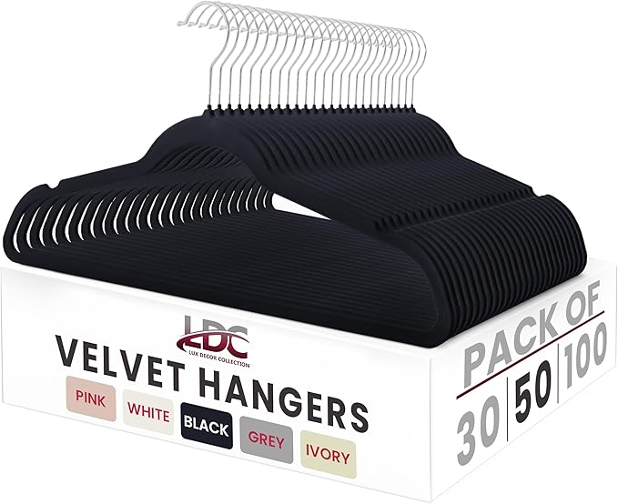 LDC Black Velvet Hangers 50 Pack - Premium Non-Slip Clothes Coat Pants Felt Hanger for Closet - Heavy Duty Space Saving 360° Swivel Hook Hangars - Black