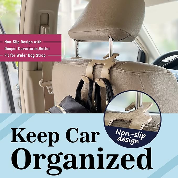 Upgraded Headrest Hooks for Purses and Bags, 2 in 1 Car Back Seat Head Rest Hanger Matching Cars Interior Genuine Leather Vehicle Storage Holder Hook, 1 Pack, Gray